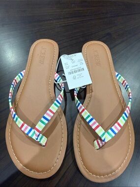 J. Crew Multicolor Striped Strap Tan Leather Flip Flops
